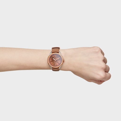 Reloj analógico con movimiento suizo, esfera de nácar y correa de caucho mocha TOUS Now Lady