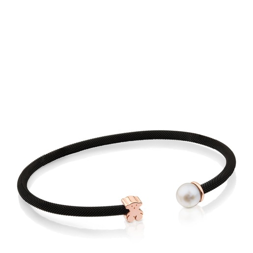 Pulsera de acero IP negro con baño de oro rosa 18 kt sobre plata y perla cultivada de 6,5mm Icon Mesh