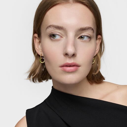 Aretes de aro doble con baño de oro 18 kt sobre plata y gemas Straight