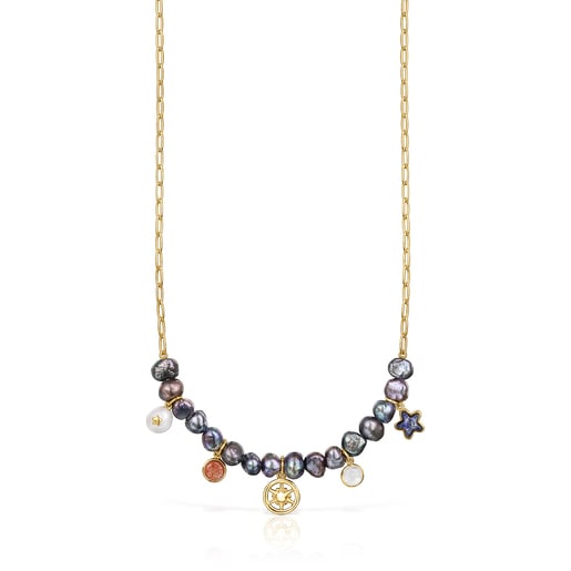 Silver vermeil Magic Nature Necklace with gray pearls and gemstones