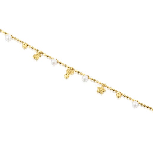 Bransoletka łańcuszkowa ze srebra pokrytego 18-karatowym złotem, z perłami hodowanymi oraz motywami, z kolekcji TOUS Grain