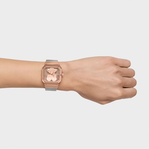 Analog watch with steel and rose-colored steel bracelet D-Bear Party