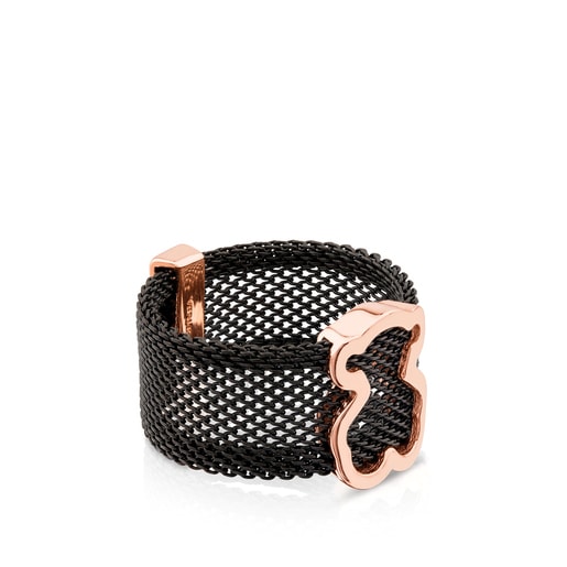 Anillo de acero IP negro con baño de oro rosa 18 kt sobre plata motivo silueta oso Icon Mesh