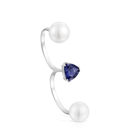 Bague double ouverte or blanc, iolite et perle de culture Ivette