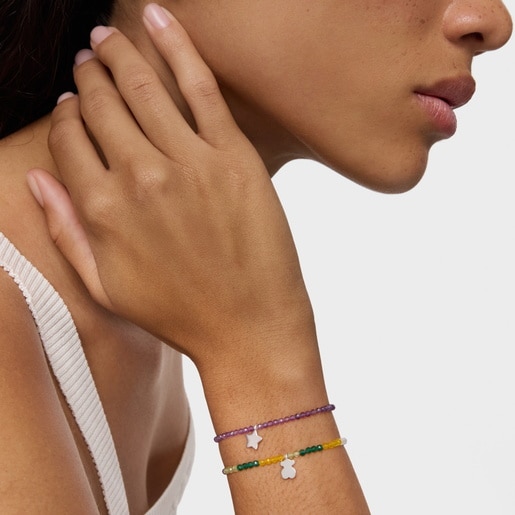 ブルーのジェムストーンとシルバーのベアのモチーフが付いた伸縮性ブレスレット TOUS Motif