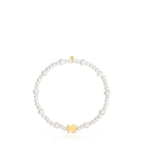 سوار مرن من اللؤلؤ المُستنبت مزين بحلية من الذهب على شكل دبدوب من تشكيلة Sweet Dolls