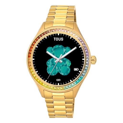 T-Shine Connect Smartwatch with gold-colored IP steel wristband with rainbow cubic zirconias