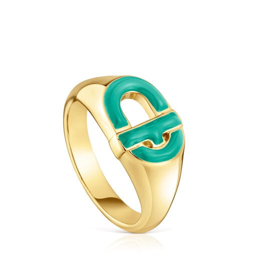 Chevalière argent plaqué or 18 ct et émail vert TOUS MANIFESTO