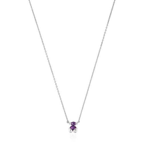 Short silver bear motif chain Necklace with lilac lab-grown sapphires Color Bear LGG