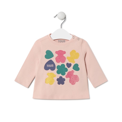 Camisola Ursos, corações e flores Casual cor-de-rosa