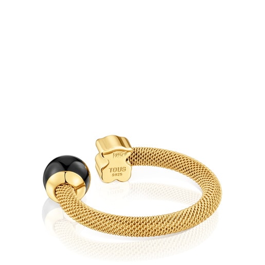 טבעת פתוחה Icon Mesh מפלדה בצבע מוזהב בשילוב אבן אוניקס