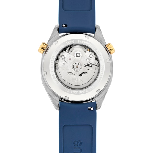 שעון אנלוגי Now של TOUS עם רצועת סיליקון בגוון כחול נייבי, מארז מפלדת IPG מוזהבת ועיצוב לוח שעון בגוון אם הפנינה