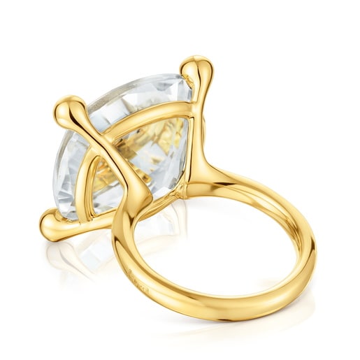 Anillo grande con baño de oro 18 kt sobre plata y cuarzo cristal de roca Color White