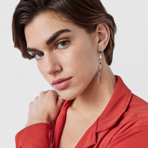 Long Silver Fragile Nature Earrings with Gemstones