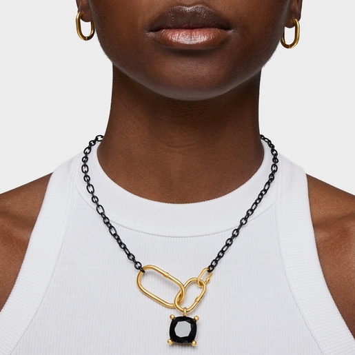 Collar corto de plata dark silver y anilla con baño de oro 18 kt sobre plata Hold Oval