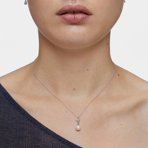 Short white-gold heart Necklace with diamonds and cultured pearl TOUS Grain