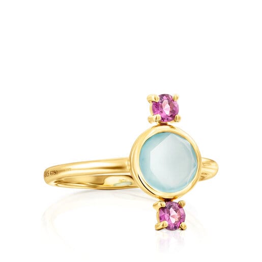 Gold Virtual Garden Ring with chalcedony and rhodolite