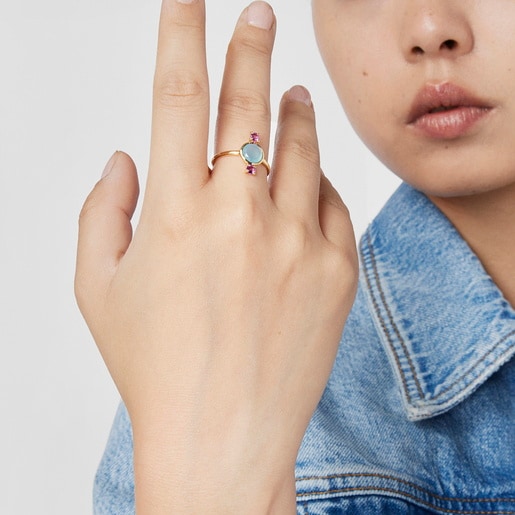 Gold Virtual Garden Ring with chalcedony and rhodolite