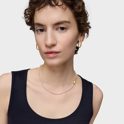 Short gold Necklace with cultured pearl and mm bear motif Sweet Dolls