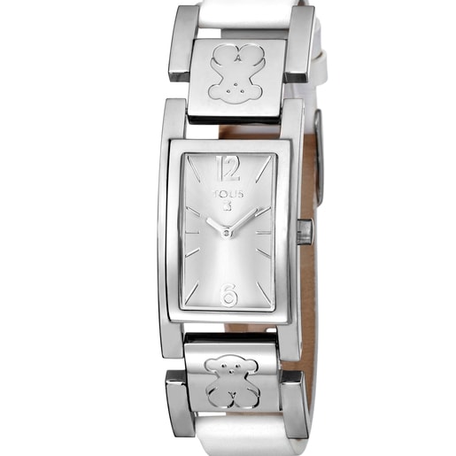 Reloj analógico Plate de acero con correa de piel blanca