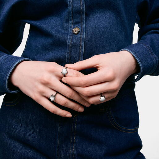 Anillo flor de plata y caucho Bold Motif