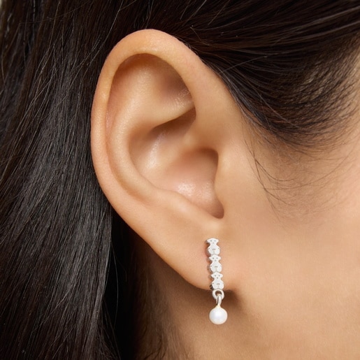 עגילי כסף סטרייט בשילוב פנינה