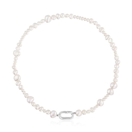 Gargantilla con perlas cultivadas y anilla de plata Hold Oval