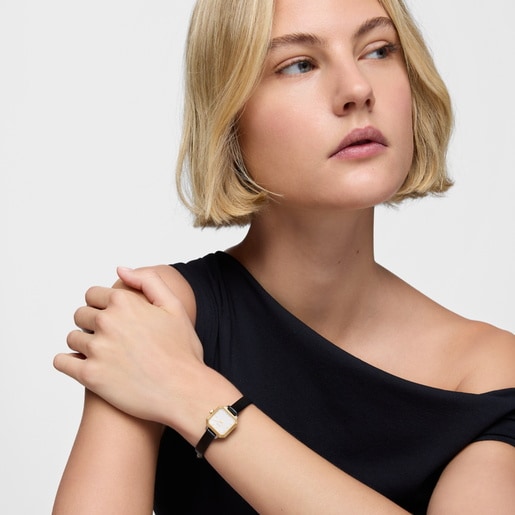 14kt gold oval Watch with analog Swiss movement and leather bracelet Les Classiques Mini