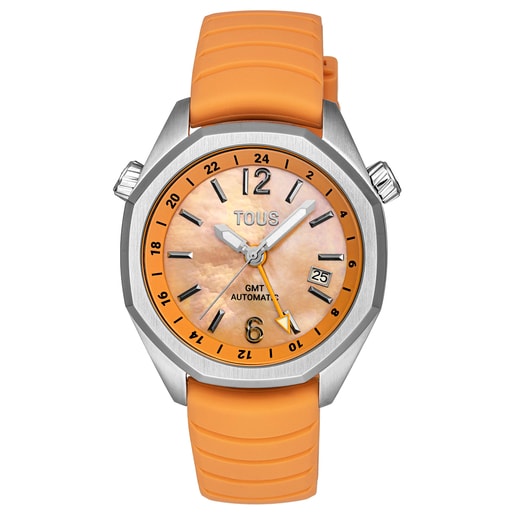 gmt automaticky hodinky se silikonovým řemínkem lososové barvy, ocelovým pouzdrem a perleťovým ciferníkem TOUS Now