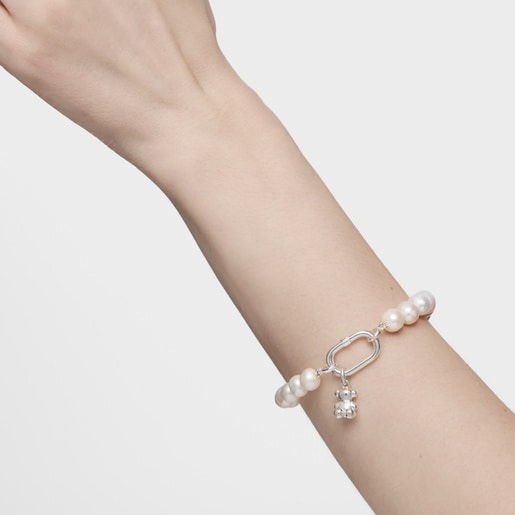 Pulsera con perlas cultivadas y anilla de plata Hold Oval