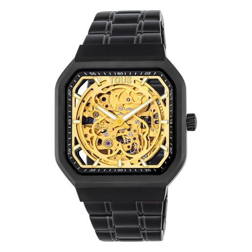 ブラックのIPスティールストラップ付きアナログ腕時計 D-Bear