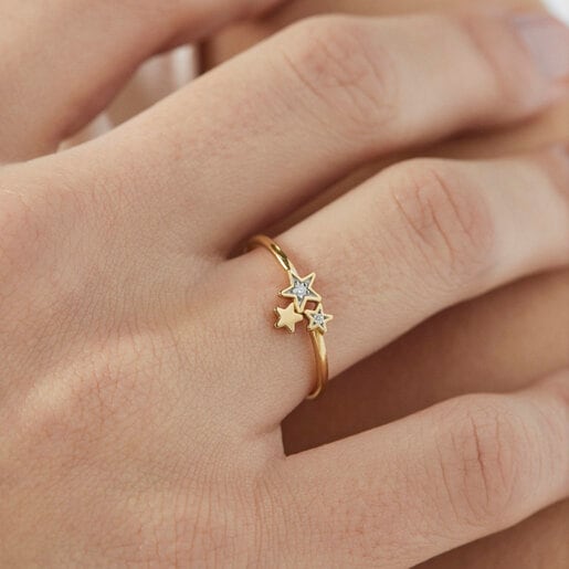 Gold Teddy Bear Stars Ring with Diamonds