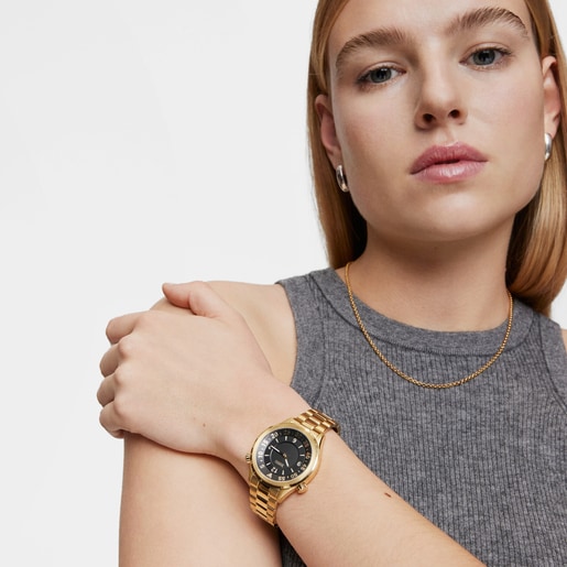 ゴールドカラーIPGスティールブレスレットとブラックフェイスを組み合わせたアナログ式腕時計 TOUS Now