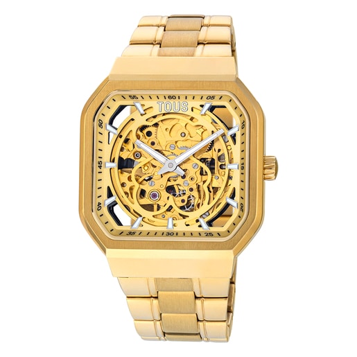 ゴールドカラーのIPスティールストラップ付きアナログ腕時計 D-Bear