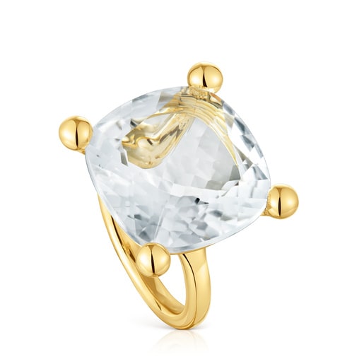 Anell gran amb bany d'or 18 kt sobre plata i quars cristall de roca Color White