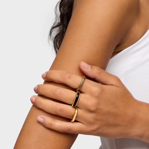 Bague ouverte en argent plaqué or 18 ct et onyx Line