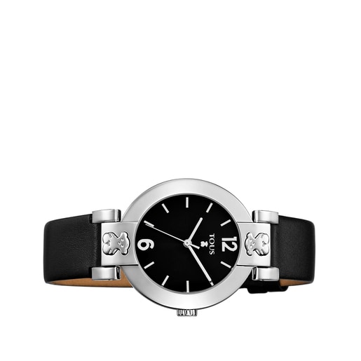 Uhr Plate Round aus Stahl mit schwarzem Lederarmband