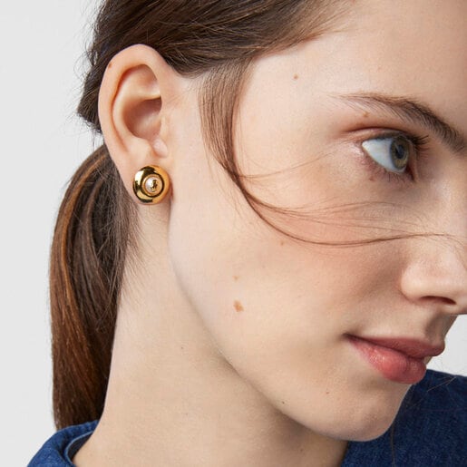 עגילי דיסק TOUS Basics קטנים עשויים ורמיל כסף בשילוב פנינה