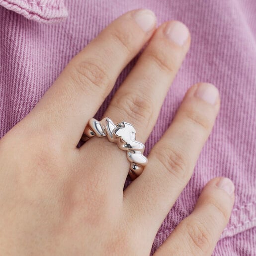 Twisted braided silver ring bear motif