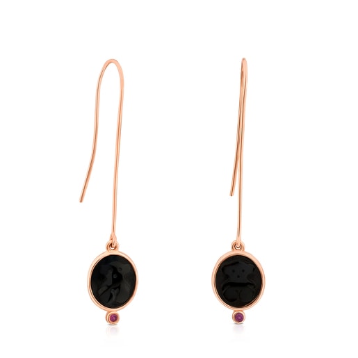 Rose Vermeil Silver Camee Earrings with Onyx and Ruby