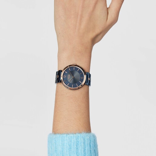 ブルーカラーのIP スティール＆ピンクカラーのIPRG スティール製リストバンドのアナログ式腕時計 S-Band