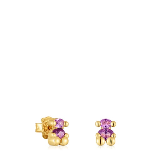 Boucles d’oreilles motif ourson en argent plaqué or 18 ct et saphir lilas créé en laboratoire 8 mm Color Bear LGG