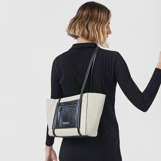 תיק קניות TOUS Empire בינוני מעור בצבעי בז' ושחור