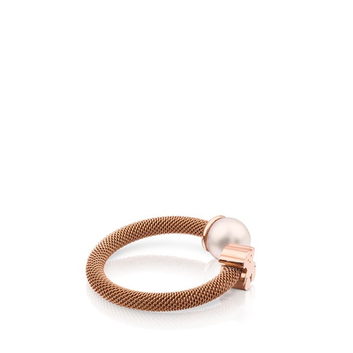 Anillo de acero con baño de oro rosa 18 kt sobre plata y perla cultivada motivo oso Icon Mesh