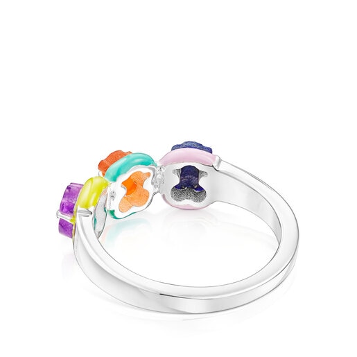 Silver TOUS Vibrant Colors Ring with bear charm in gemstones and enamel