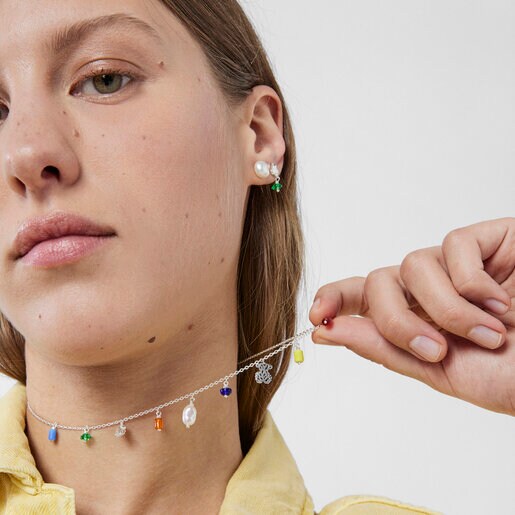 Silver Oceaan Necklace with pearls and multicolored glass