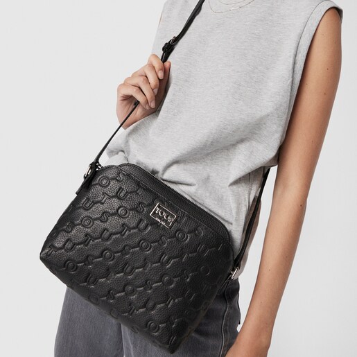 Black Leather T Script Crossbody bag