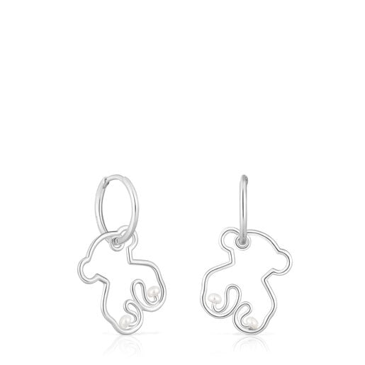 Silver Tsuri Bear hoop earrings with cultured pearls