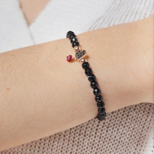 צמיד ורמייל ורוד בשילוב חרוזי אוניקס ולב משובץ ספינלים