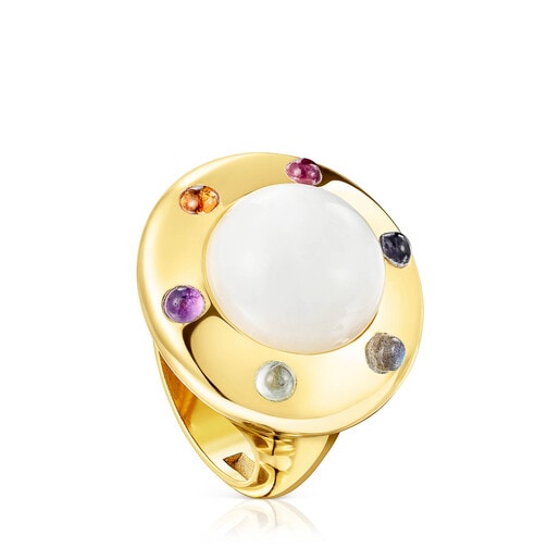 Anello con placcatura in oro 18 kt su argento, pietra di luna e gemme Magic Nature